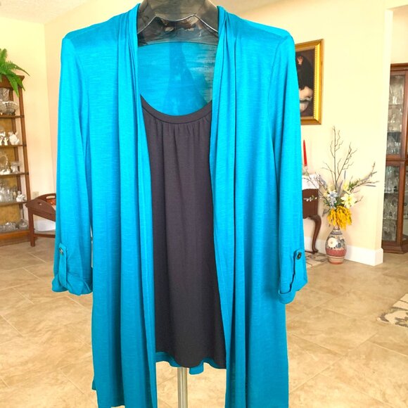NWOT Coral Bay 3 Piece Attached Open Front Teal Sweater, Tank & Scarf size Large - Picture 8 of 8